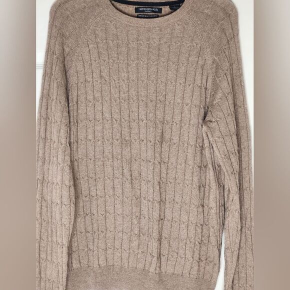 Impermeable L Tan Cable Knitted Lngslv MERINO WOOL SILK CASHMERE Men's Sweater - Picture 2 of 8